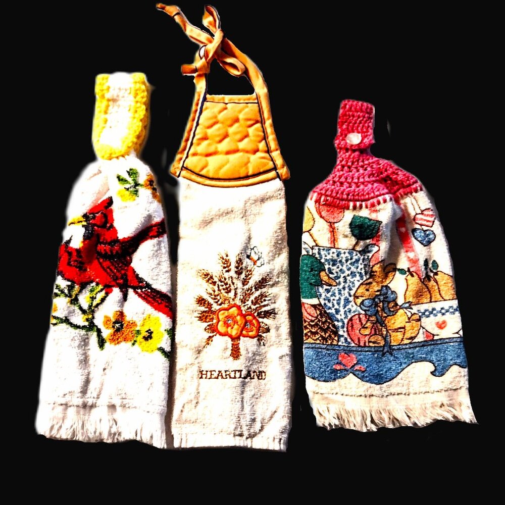 Hanging Kitchen Towels ~ Lot 3 ~ Quilted Tie & Crochet Button ~ Timeless Retro!